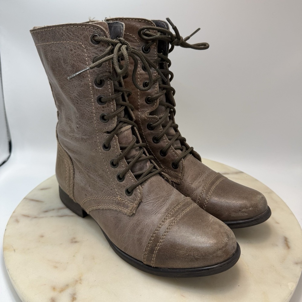 Steve Madden Women's Troopa Tan Brown High Ankle Boots 7.5 Lace Up Side Zip Read